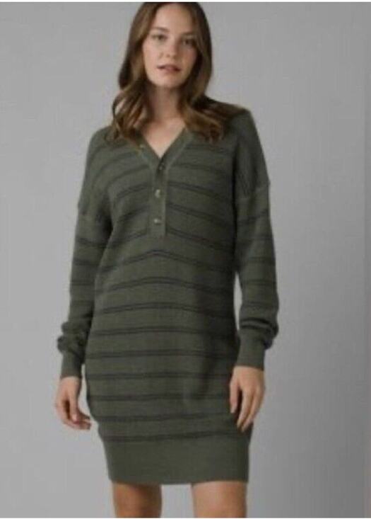 Prana Dresses & Skirts - PRANA NWT Milani Henley Long Sleeve Sweater Dress in Kale Green Stripe // M